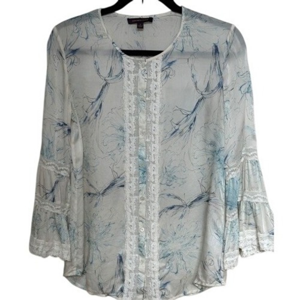 Marchesa Voyage 100% Silk Floral Lace‎ Inset Blouse Blue White 6